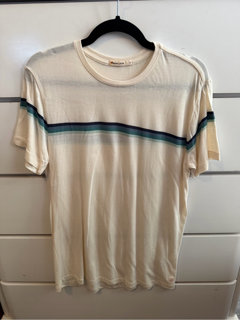 Marine Layer Cream Short-Sleeve Tee with Navy and Green Stripes